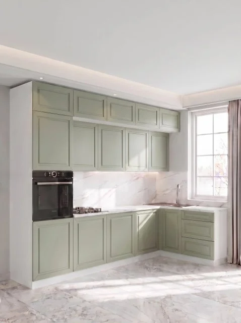 Кухонный гарнитур угловой Луиза 3х1,6м эмаль с фрез. шалфей, белый, игни
